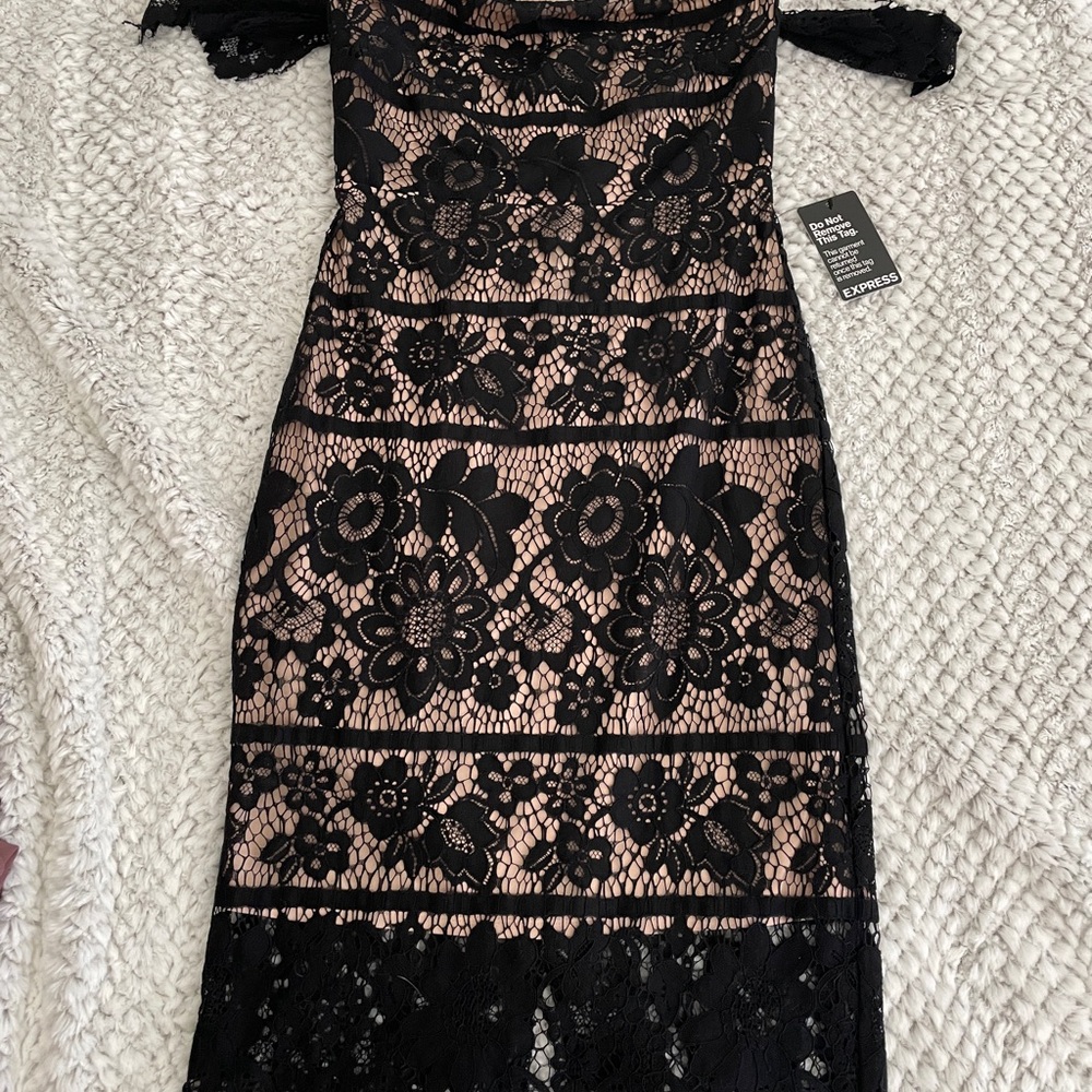 Express Black Lace with nude underlay Midi Dress